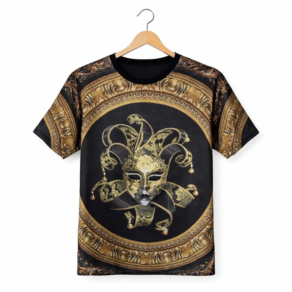 Hold’em T-shirt short sleeve black background gold baroque design jester mask. S